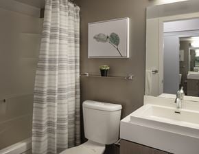 Toronto apartment for rent - A bathroom with a toilet, sink, and a painting of a plant.