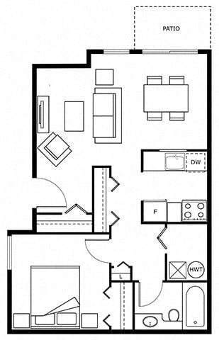 Floor plan for 1 bed, 1 bath, 497 sqft