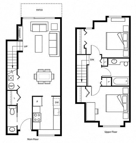 Floor plan for 2 beds, 1 bath, 850 sqft