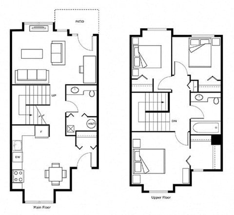 Floor plan for 3 beds, 1.5 baths, 992 sqft