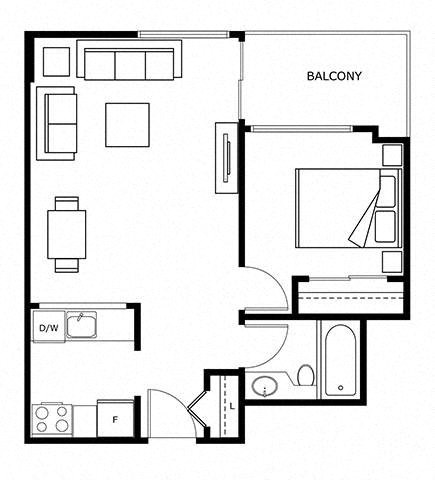 Floor plan for 1 bed, 1 bath, 495 sqft