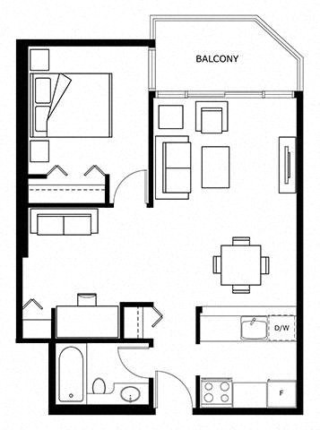 Floor plan for 1 bed, 1 bath, 665 sqft