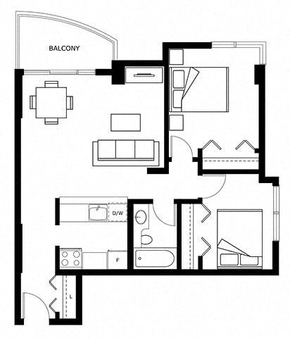 Floor plan for 2 beds, 1 bath, 735 sqft