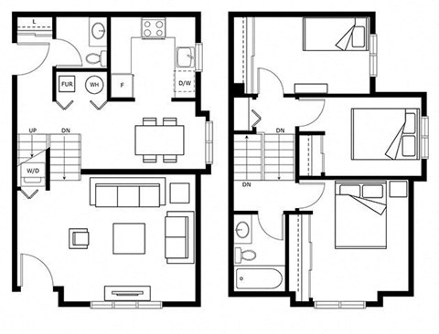Floor plan for 3 beds, 1.5 baths, 1028 sqft