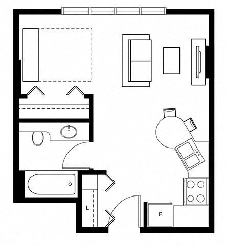 Floor plan for studio, 1 bath, 400 sqft