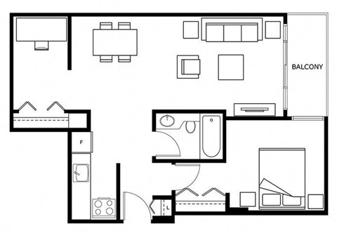 Floor plan for 1 bed, 1 bath, 708 sqft