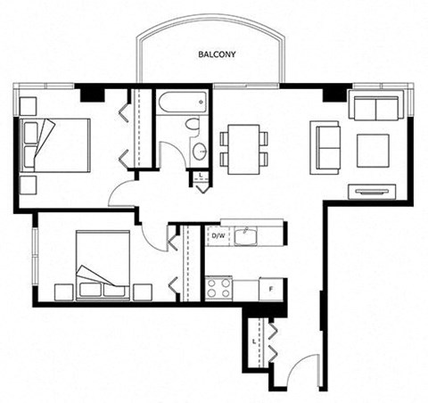 Floor plan for 2 beds, 1 bath, 757 sqft