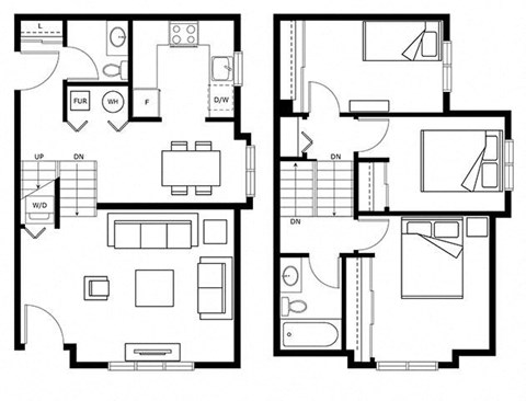 Floor plan for 3 beds, 1.5 baths, 1028 sqft