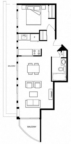 Floor plan for 1 bed, 1 bath