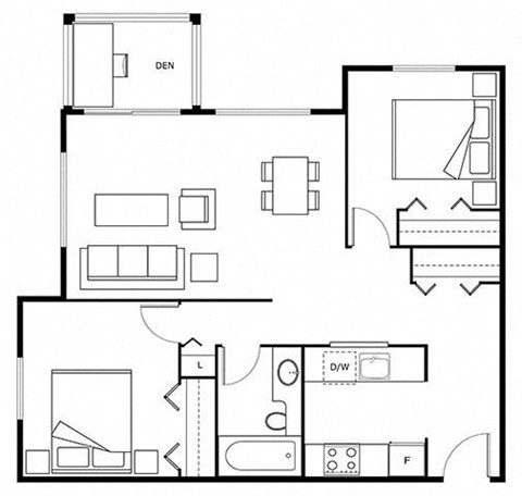 Floor plan for 2 beds, 1 bath, 676 sqft