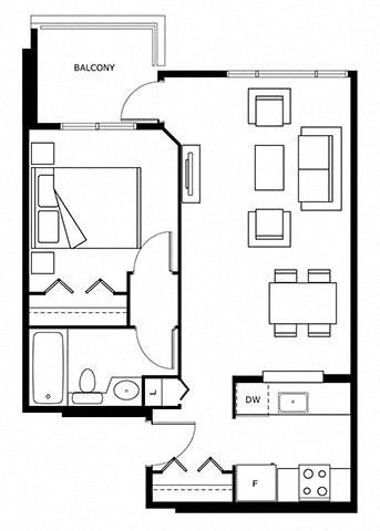 Floor plan for 1 bed, 1 bath, 529 sqft