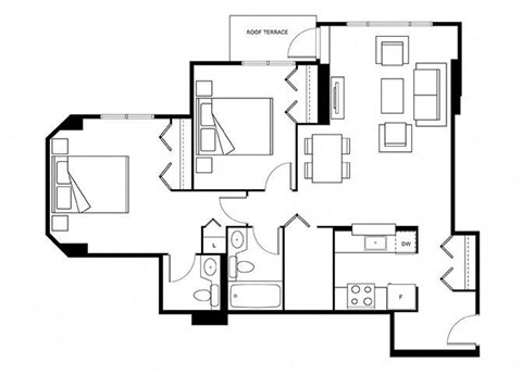 Floor plan for 2 beds, 1.5 baths, 864 sqft