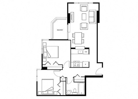 Floor plan for 2 beds, 1 bath, 724 sqft