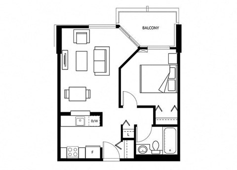 Floor plan for 1 bed, 1 bath, 433 sqft