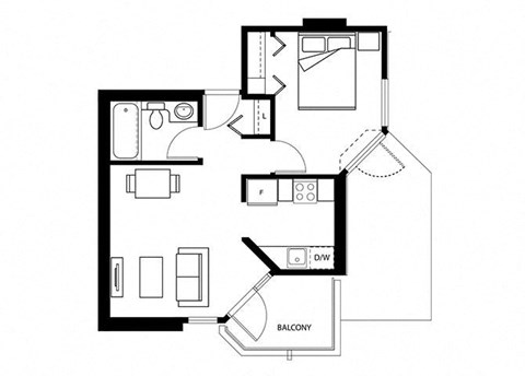 Floor plan for 1 bed, 1 bath, 683 sqft