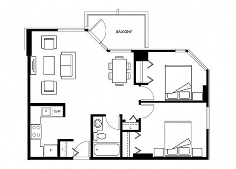 Floor plan for 2 beds, 1 bath, 695 sqft
