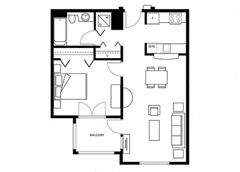 Floor plan for 1 bed, 1 bath, 499 sqft