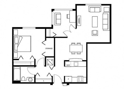 Floor plan for 1 bed, 1 bath