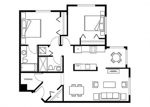 Floor plan for 2 beds, 2 baths, 948 sqft