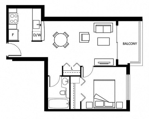 Floor plan for 1 bed, 1 bath, 515 sqft