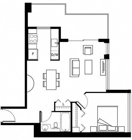 Floor plan for 1 bed, 1 bath, 584 sqft