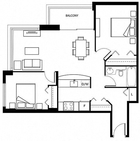 Floor plan for 2 beds, 1 bath, 732 sqft