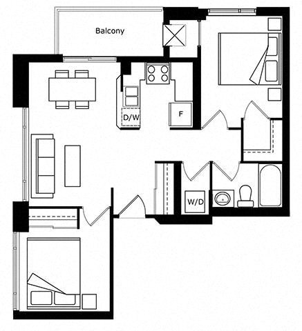 Floor plan for 2 beds, 1 bath, 790 sqft