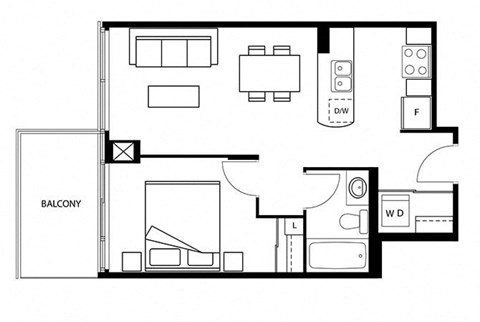 Floor plan for 1 bed, 1 bath, 660 sqft
