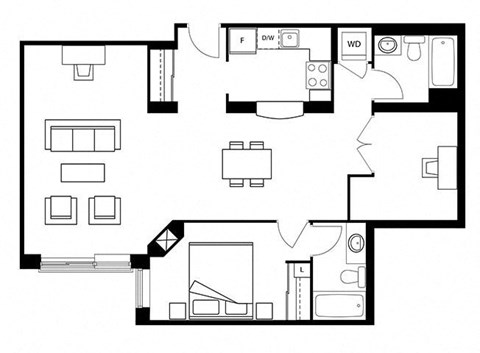 Floor plan for 1 bed, 2 baths, 990 sqft