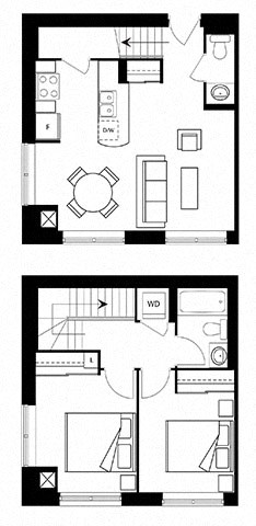 Floor plan for 2 beds, 2 baths, 935 sqft