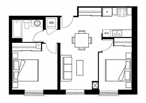 Floor plan for 2 beds, 1 bath, 760 sqft