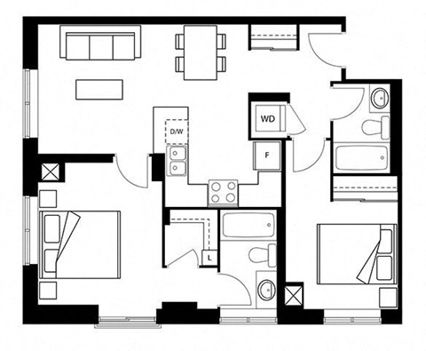 Floor plan for 2 beds, 2 baths, 850 sqft