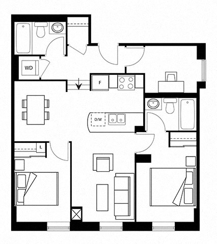 Floor plan for 2 beds, 2 baths, 1115 sqft