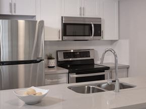 Etobicoke apartment for rent - a kitchen with a sink a stove and a refrigerator