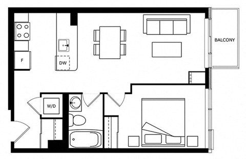 Floor plan for 1 bed, 1 bath, 641 sqft