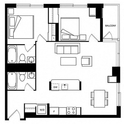 Floor plan for 2 beds, 2 baths, 888 sqft