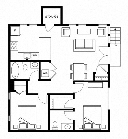 Floor plan for 2 beds, 1.5 baths, 1137 sqft