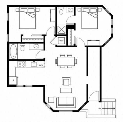 Floor plan for 2 beds, 2 baths, 840 sqft