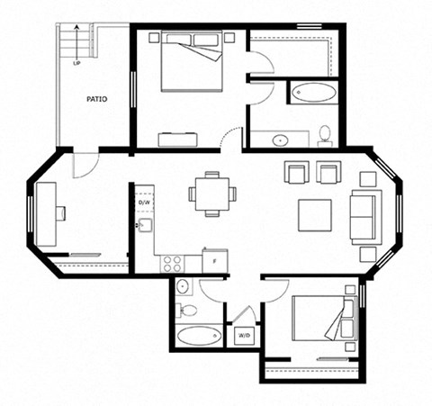 Floor plan for 2 beds, 2 baths, 1000 sqft