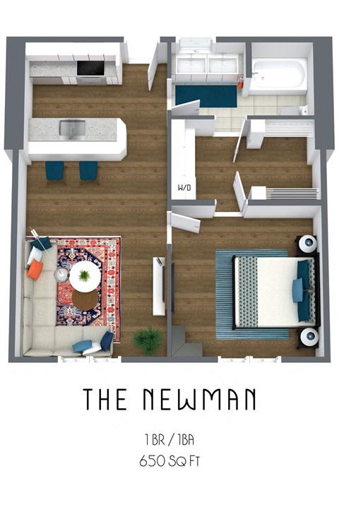 Floor plan for 1 bed, 1 bath, 650 sqft