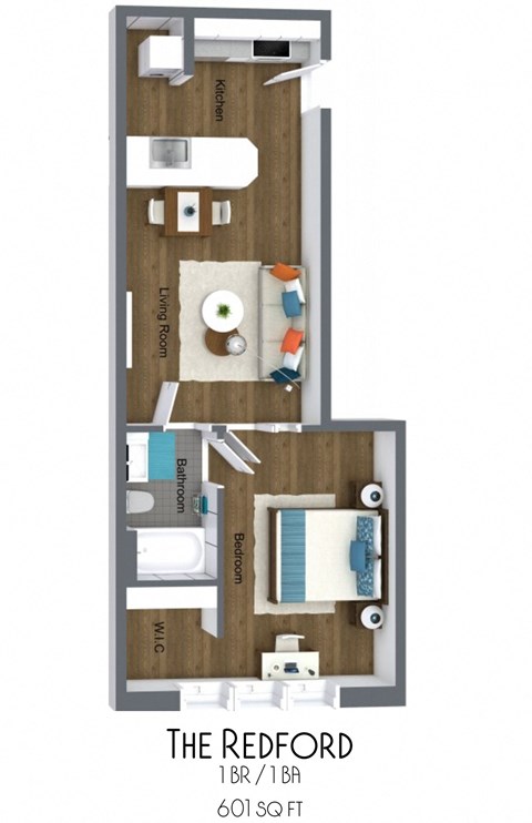 Floor plan for 1 bed, 1 bath, 690 sqft