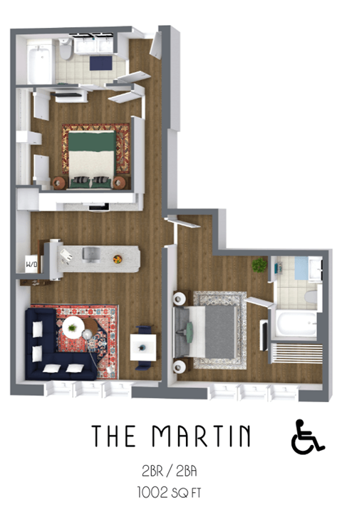 Floor plan for 2 beds, 2 baths, 1002 sqft