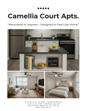 Daytona Beach apartment for rent - Apartment living room, kitchen, and bedroom images for Camellia Court Apartments.