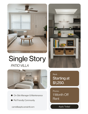 Daytona Beach apartment for rent - A flyer for a single story patio villa with a starting rent of $1,250 and a 1 month off rent promotion.
