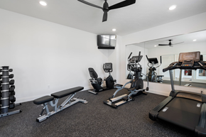 Clayton apartment for rent - A spacious home gym with a variety of equipment including a treadmill, weights, and a bench.