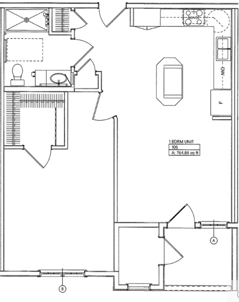 Floor plan for 1 bed, 1 bath, 730 sqft