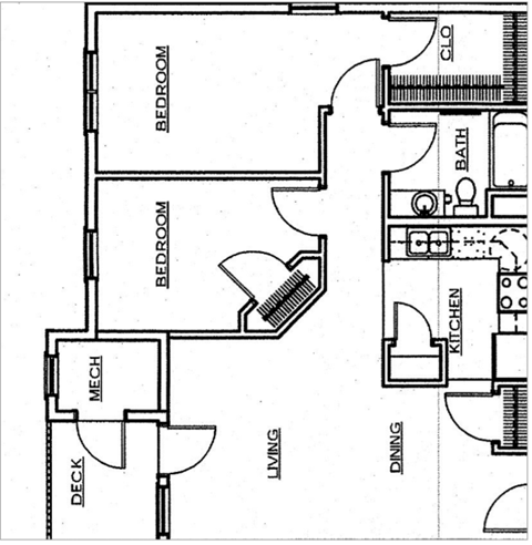 Floor plan for 2 beds, 1 bath, 960 sqft