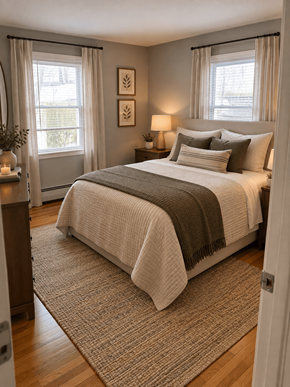 Quincy apartment for rent - A bedroom with a large bed and a window with curtains.