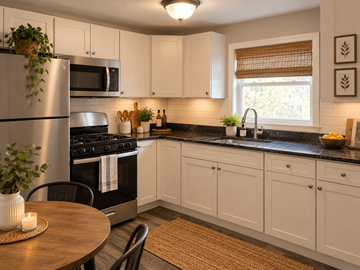 Quincy apartment for rent - A kitchen with white cabinets and a black countertop.