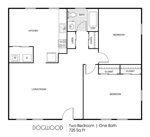 Floor plan for 2 beds, 1 bath, 725 sqft